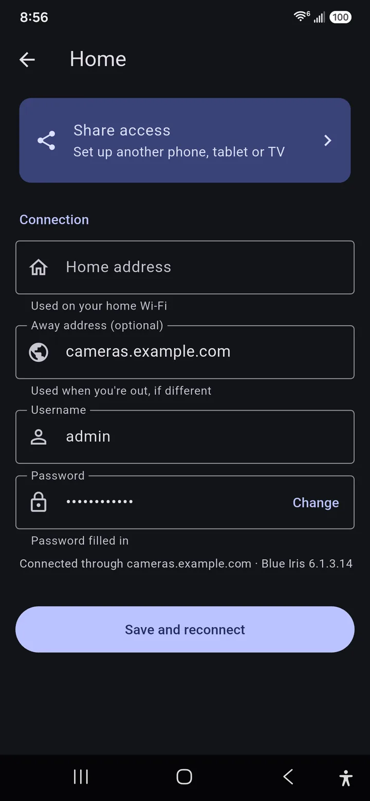 Server screen with home and away addresses
